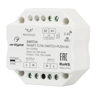 Фото #1 товара Контроллер-выключатель SMART-TUYA-SWITCH-PUSH-IN (230V, 1.5A, WiFi, 2.4G) (Arlight, IP20 Пластик, 5 лет)