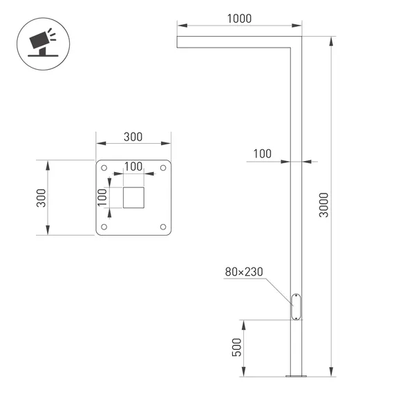 Опора OXOR-STER-G-1000x100x100-L3000-52W Warm3000 (BK, 230V) IP65 (Arlight, Сталь)