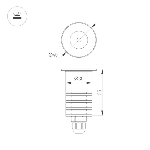 Светильник ART-GROUND-R40-3W Warm3000 (SL, 36 deg, 24V) (Arlight, IP67 Металл, 3 года)