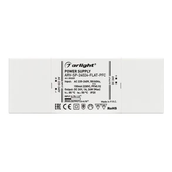 Блок питания ARV-SP-24024-FLAT-PFC (24V, 1A, 24W) (Arlight, IP20 Пластик, 5 лет)
