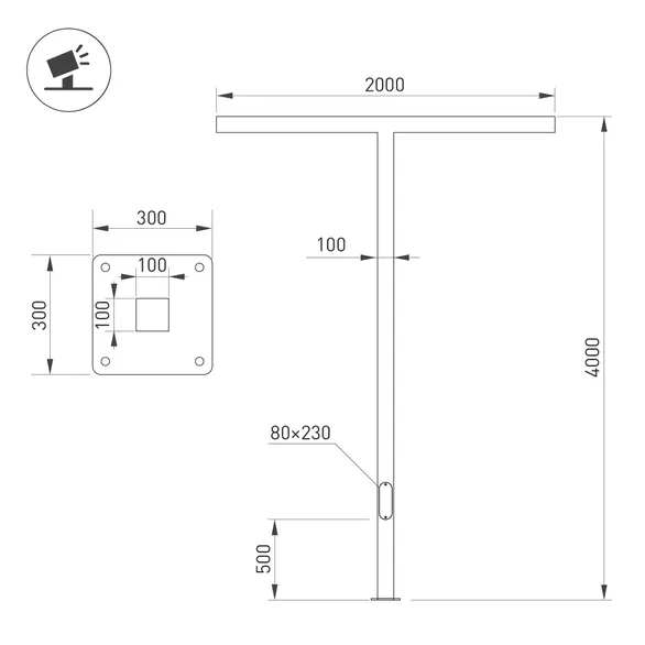 Опора OXOR-STER-T-2000x100x100-L4000-100W Warm3000 (BK, 230V) IP65 (Arlight, Сталь)