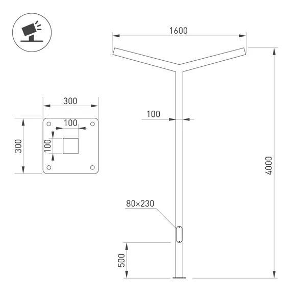 Опора OXOR-STER-Y-2000x100x100-L4000-70W Warm3000 (BK, 230V) IP65 (Arlight, Сталь)