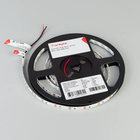 Светодиодная лента RT-A120-8mm 12V Green (9.6 W/m, IP20, 2835, 5m) (Arlight, Открытый)
