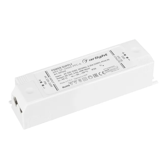 Блок питания ARV-SP-24060-PFC-A (24V, 2.5A, 60W) (Arlight, IP20 Пластик, 5 лет)