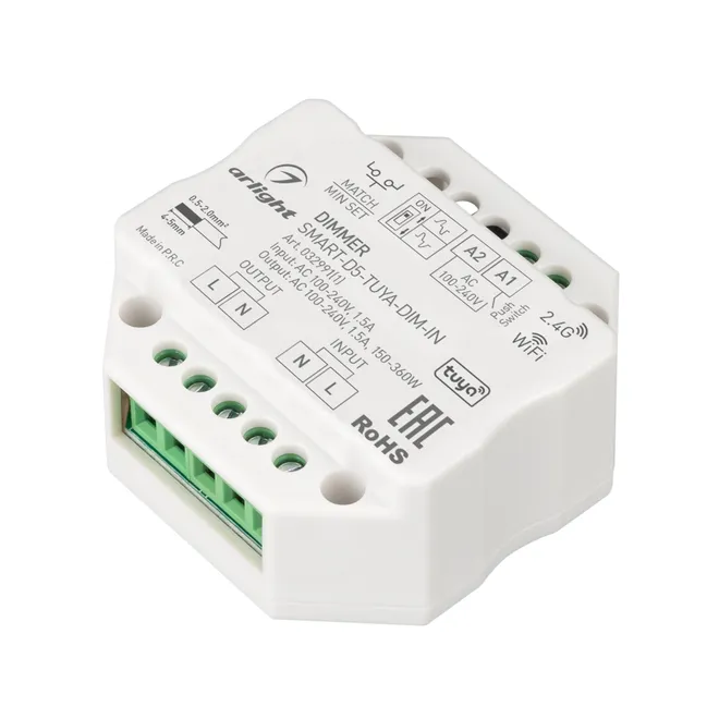 Диммер SMART-D5-TUYA-DIM-IN (230V, 1.5A, TRIAC, WiFi, 2.4G) (Arlight, IP20 Пластик, 5 лет)