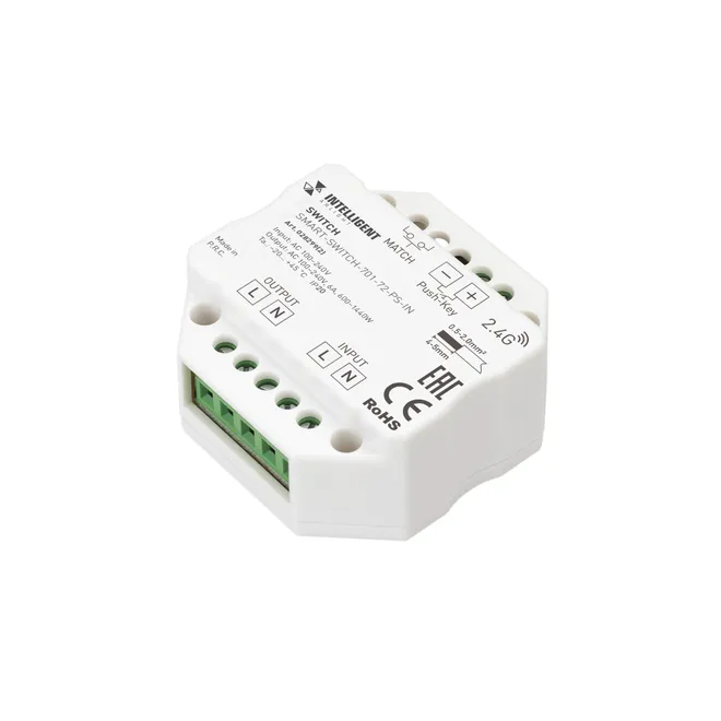 INTELLIGENT ARLIGHT Релейный модуль SMART-SWITCH-701-72-PS-IN (230V, 1x6A, 2.4G) (IARL, IP20 Пластик, 5 лет)