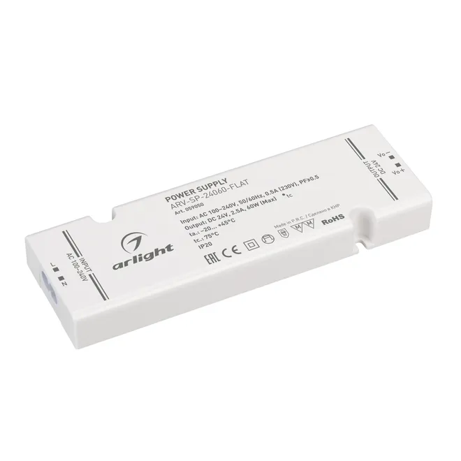 Блок питания ARV-SP-24060-FLAT (24V, 2.5A, 60W) (Arlight, IP20 Пластик, 5 лет)