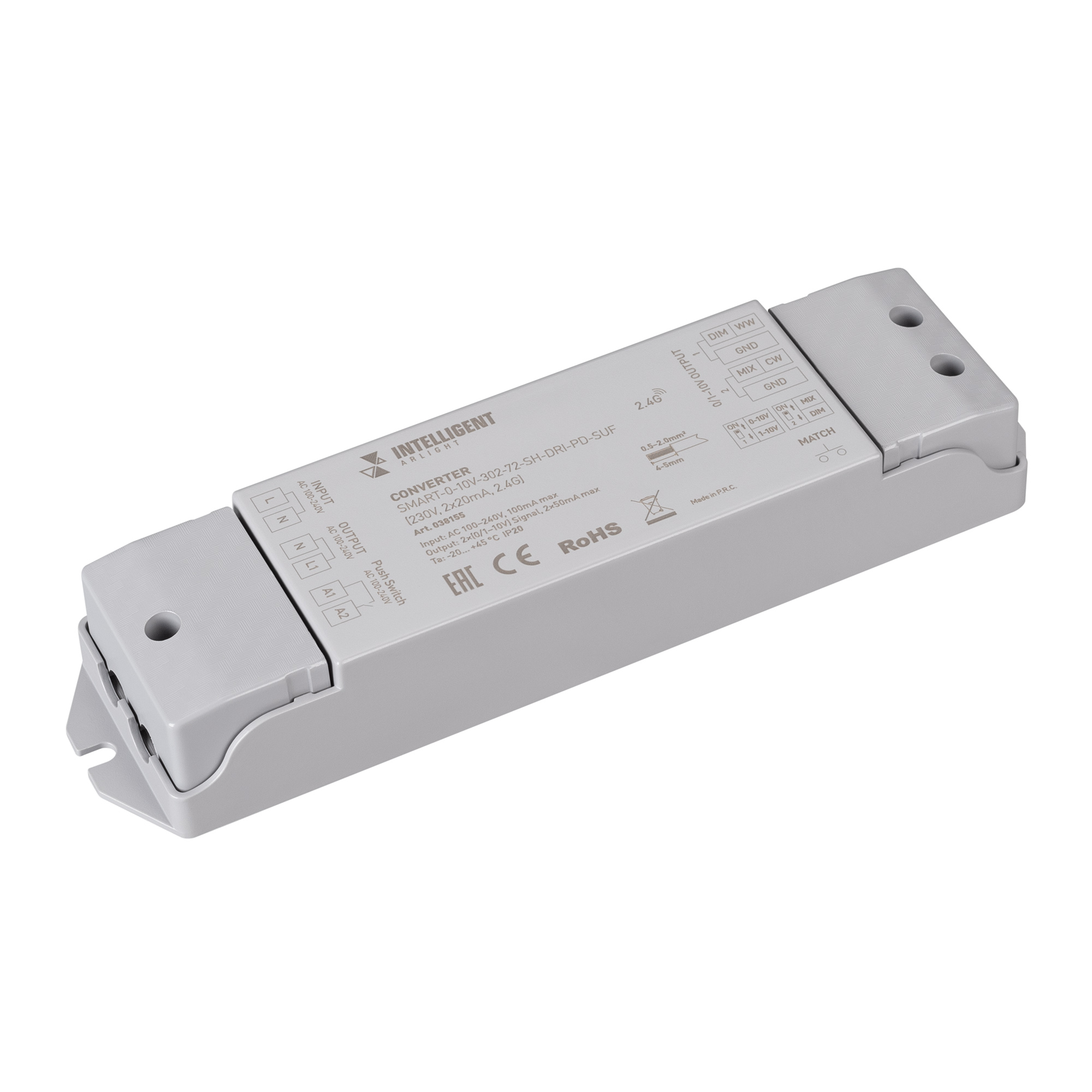 INTELLIGENT ARLIGHT Конвертер SMART-0-10V-302-72-SH-DRI-PD-SUF (230V, 2x20mA, 2.4G) (IARL, IP20 Пластик, 5 лет) 038155