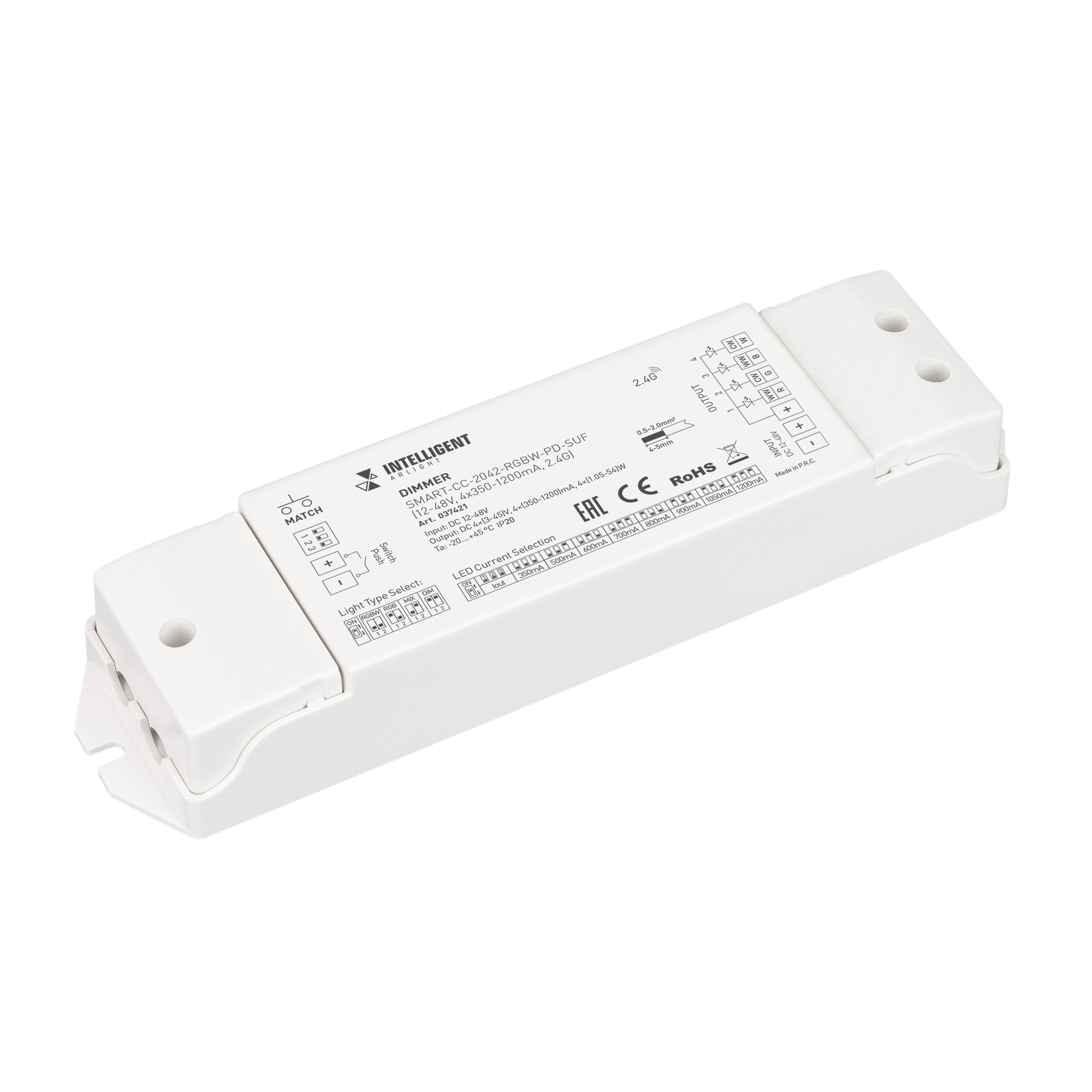 INTELLIGENT ARLIGHT Диммер SMART-CC-2042-RGBW-PD-SUF (12-48V, 4x350-1200mA, 2.4G) (IARL, IP20 Пластик, 5 лет) 037421