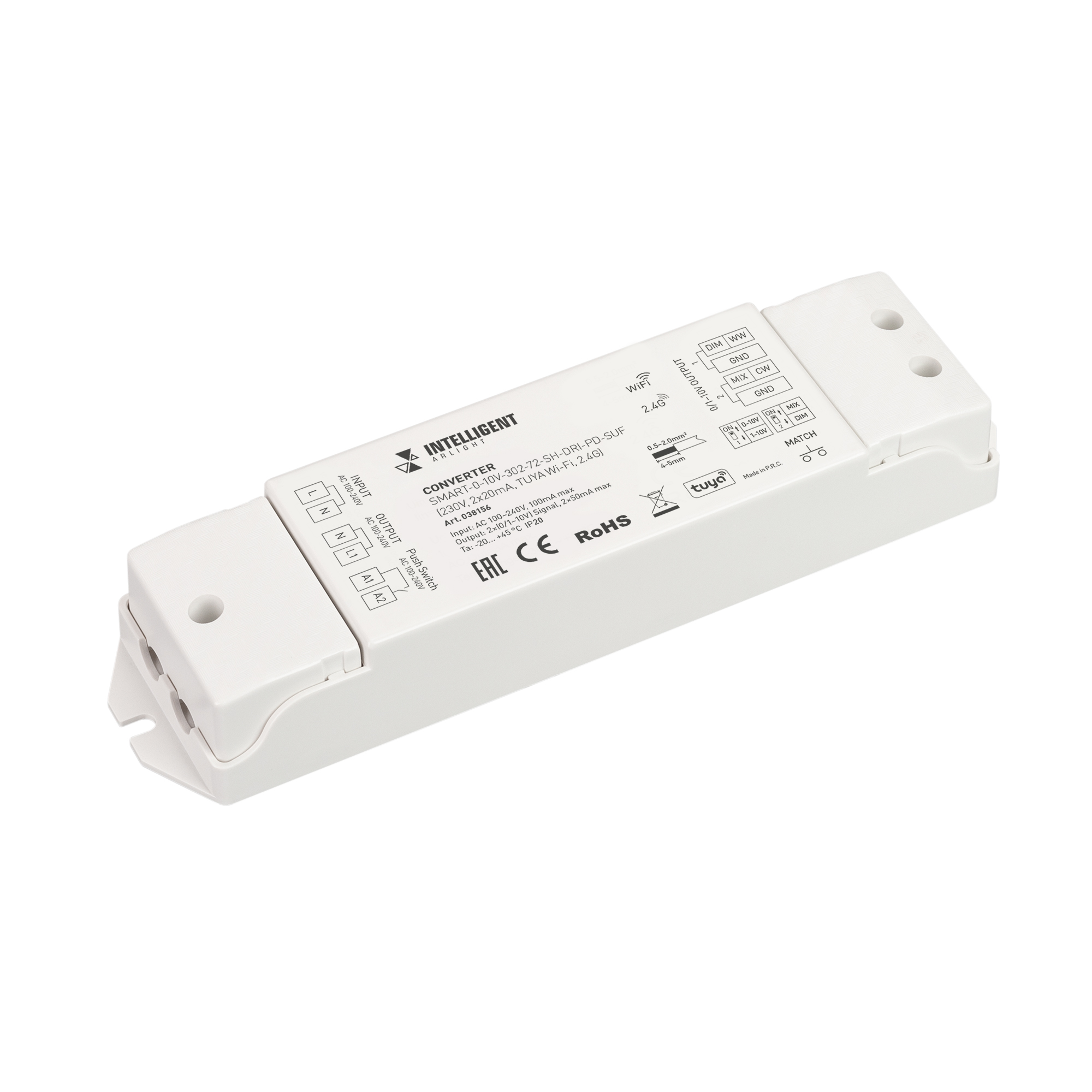 INTELLIGENT ARLIGHT Конвертер SMART-0-10V-302-72-SH-DRI-PD-SUF (230V, 2x20mA, TUYA Wi-Fi, 2.4G) (IARL, IP20 Пластик, 5 лет) 038156