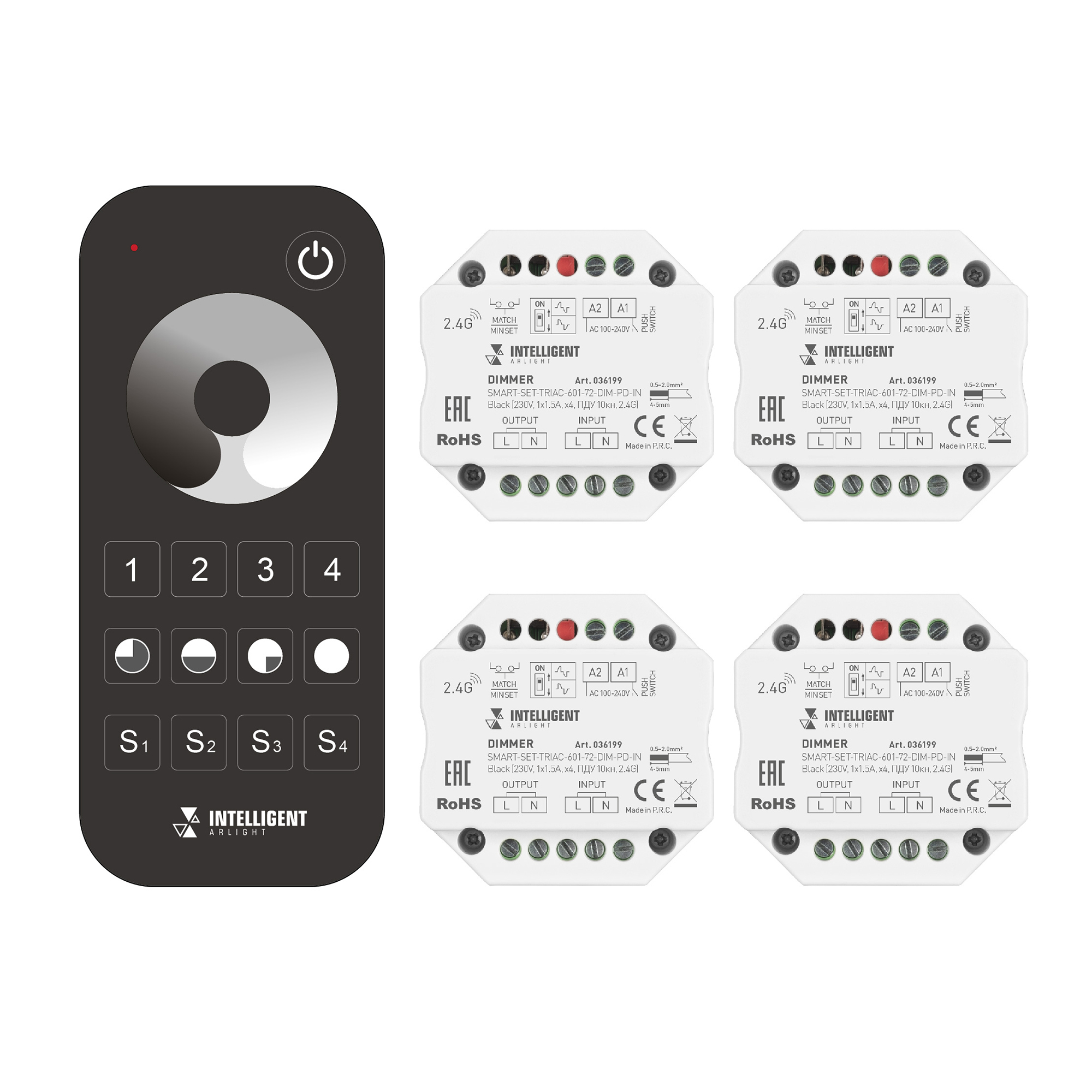 INTELLIGENT ARLIGHT Диммер SMART-SET-TRIAC-601-72-DIM-PD-IN Black (230V, 1x1.5A, x4, ПДУ 10кн, 2.4G) (IARL, IP20 Пластик, 5 лет) 036199
