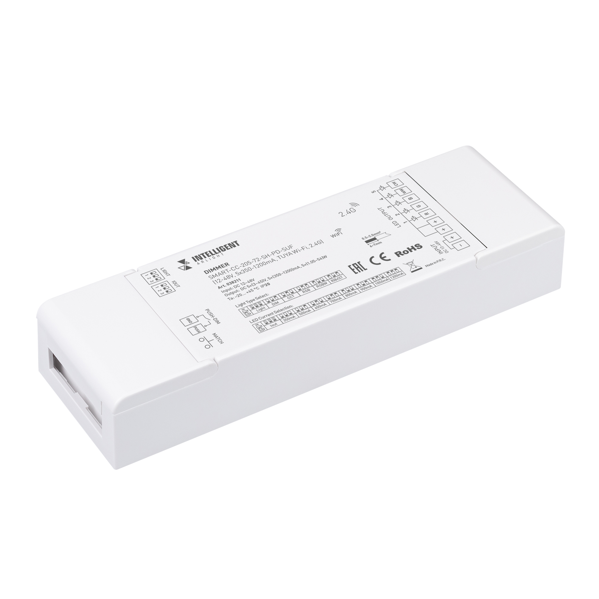 INTELLIGENT ARLIGHT Диммер SMART-CC-205-72-SH-PD-SUF (12-48V, 5x350-1200mA, TUYA Wi-Fi, 2.4G) (IARL, IP20 Пластик, 5 лет) 038211